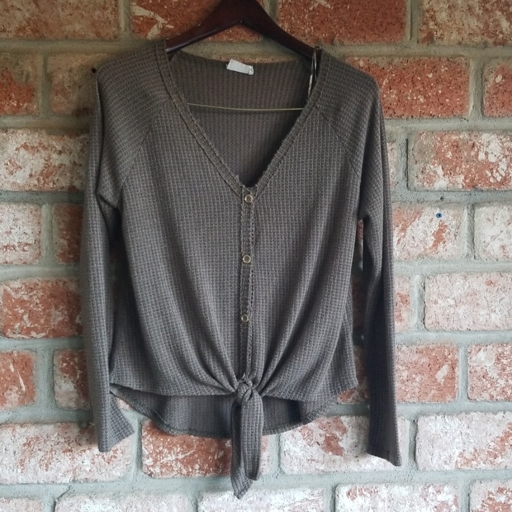 Sienna sky waffle knit tie front long sleeve tee